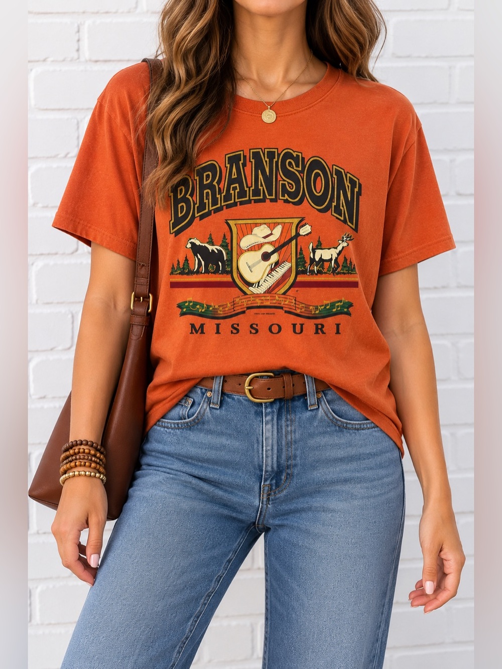 Vintage Y2K Branson Missouri Orange Graphic Souvenir T Shirt M 100% Cotton